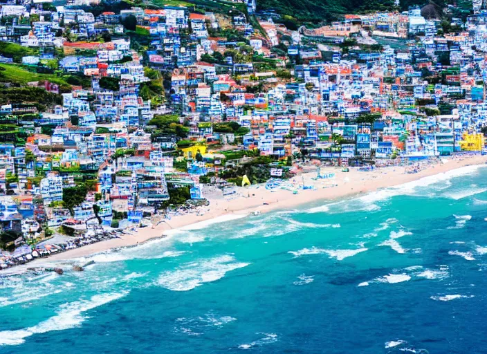 Image similar to down angled view of an anime seaside town, ocean, town, beach, hills