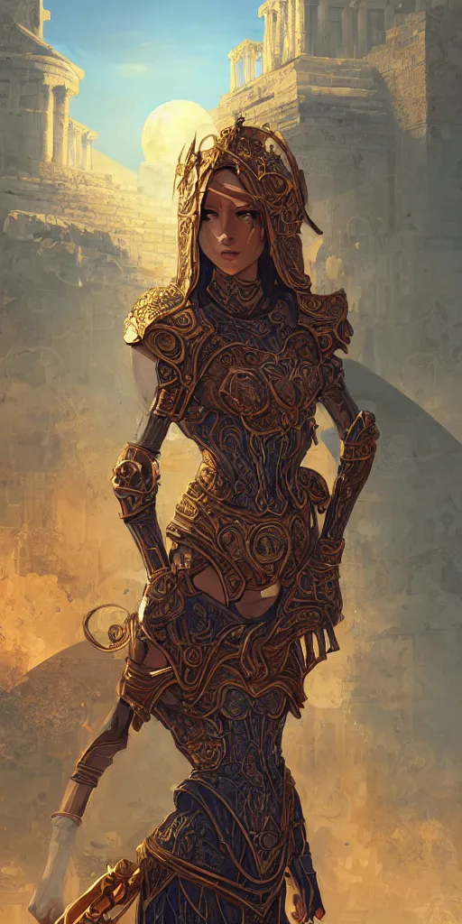 Image similar to portrait knights of zodiac girl, golden and copper shining armor, in ruined agora of athens sunrise, ssci - fi and fantasy, intricate and very very beautiful and elegant, highly detailed, digital painting, artstation, concept art, smooth and sharp focus, illustration, art by ilya kuvshinov and tian zi and wlop and z - - ed