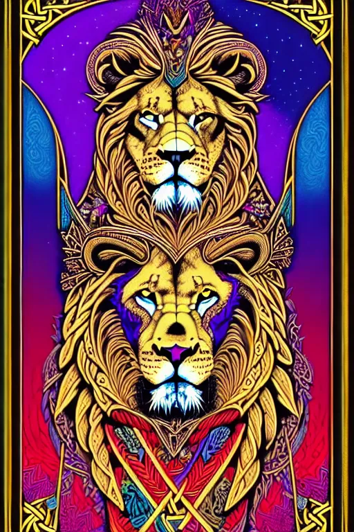 Image similar to beautiful and colorful fractal tarot card featuring an ornate, realistic, and regal viking lion by Dan Mumford, by Jim Fitzpatrick, by joe wilson, featured on deviant art, trending on artstation