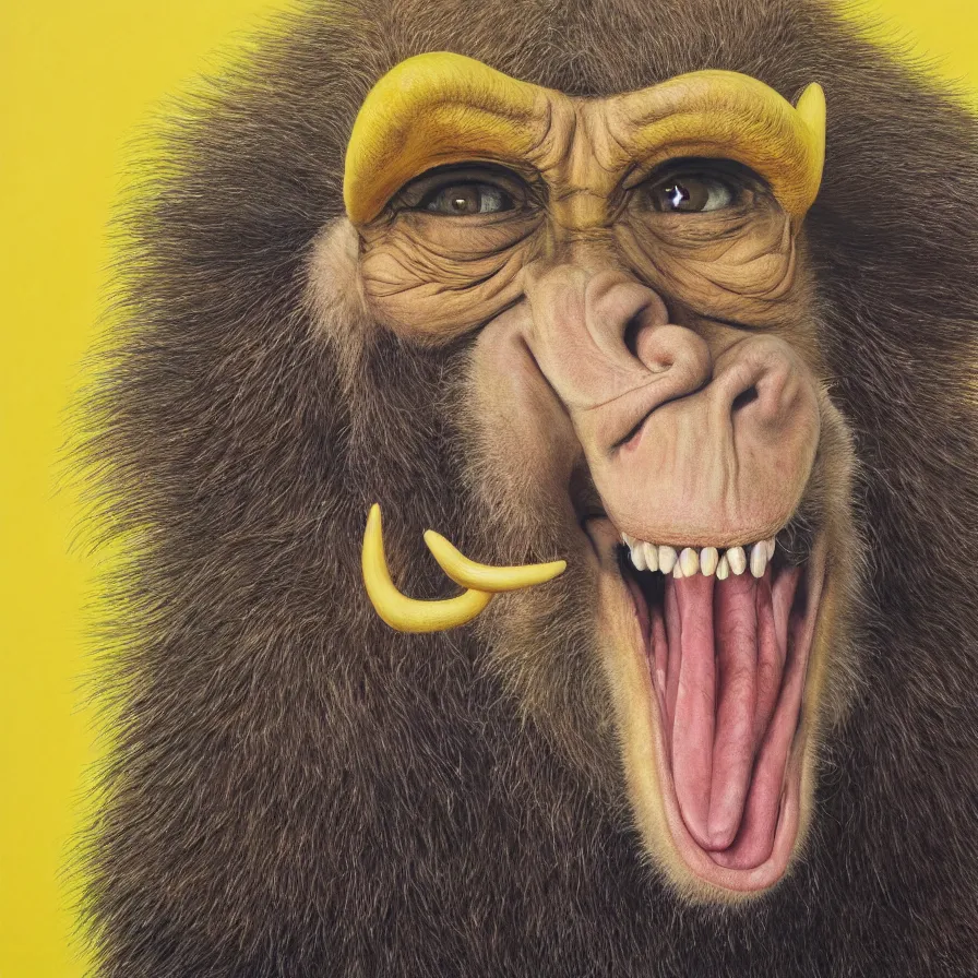 Image similar to hyper realistic portrait painting by chuck close, studio lighting, brightly lit yellow room, an ape with antlers laughing with a giant rabbit clown