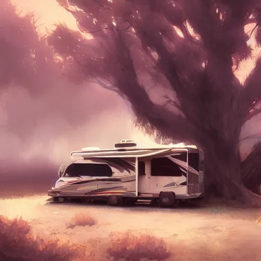 Image similar to an rv under a cottonwood tree, dramatic lighting, illustration by greg rutkowski, yoji shinkawa, 4 k, digital art, concept art, trending on artstation