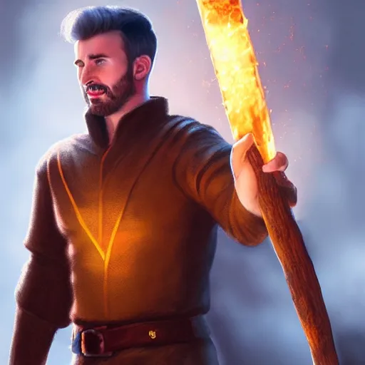 Prompt: Chris Evans wearing lavish medieval tunic holding a glowing fire magical staff. Trending on Artstation, octane render, ultra detailed, art by Ross tran