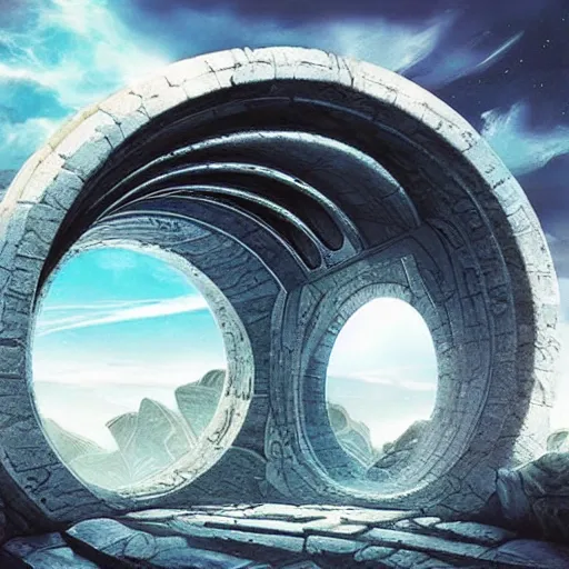 Prompt: stargate made of stone that form a circle, cinematic view, epic sky by android jones