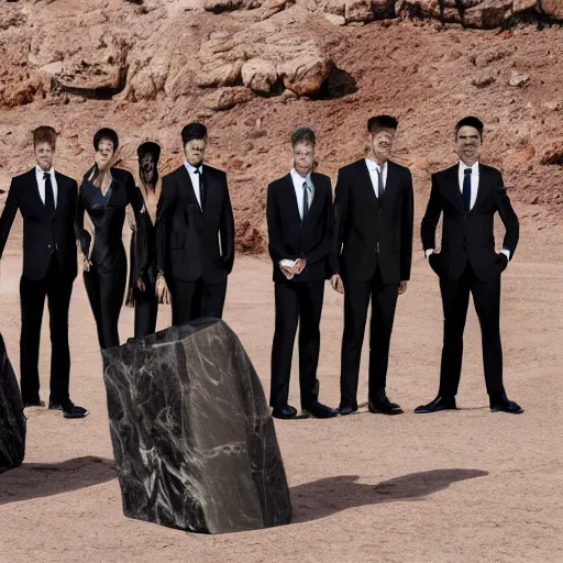 Image similar to Contamporary art fashion photography of ultra mega super hyper realistic detailed group of monkey's in suits standing around very highly detailed Obsidian monolith in the desert