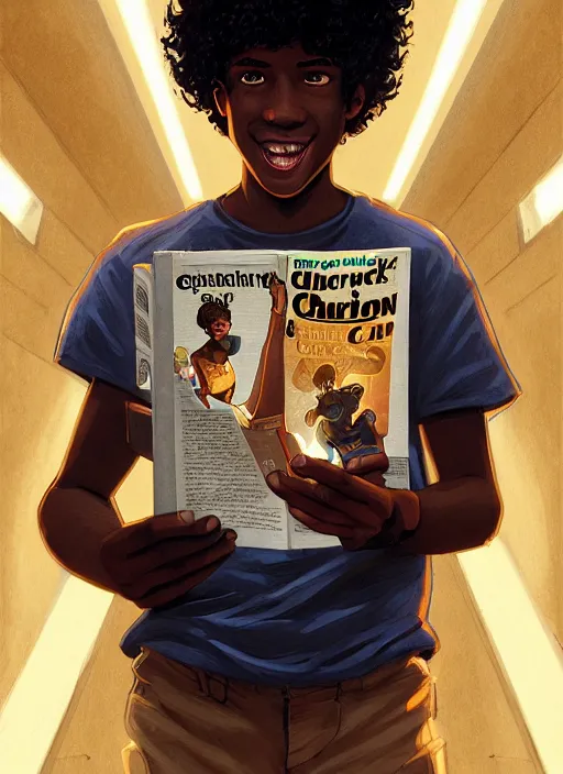 Prompt: portrait of teenage chuck clayton, black teenage boy, short curly hair, short hair square jaw, slight excited smile, reading a comic book, intricate, elegant, glowing lights, highly detailed, digital painting, artstation, concept art, smooth, sharp focus, illustration, art by wlop, mars ravelo and greg rutkowski