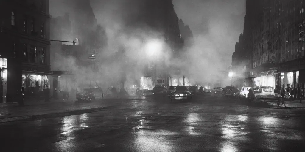 Image similar to a high resolution photo of a new york street at night surrounded with smoke and cars with bright headlights by robert capa, realistic photo, leica, magnum award winning photograph, parallax photography,