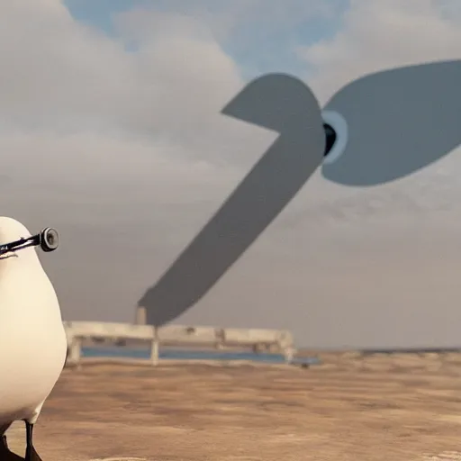 Prompt: a seagull wearing aviator goggles firing a machinegun, 3D render, unreal engine 5