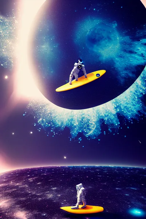 Image similar to astronaut surfing a surfboard on a sparkly crashing wave of stardust in space, background is a moon in nebula, octane render, unreal engine, wide view, 8 k, highdetaild