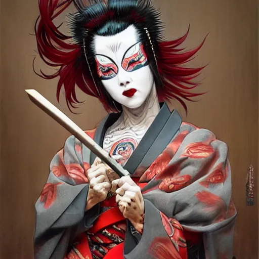 Image similar to an epic portrait of insane kabuki wielding a spear, magical aura of insanity, intricate hakama, poofy red wig, eerie, highly detailed, dark fantasy, art by artgerm and greg rutkowski