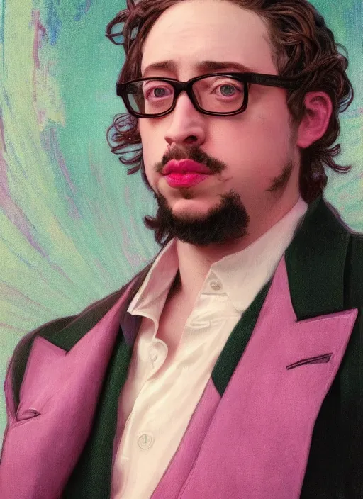 Prompt: Sam Hyde wearing a luxurious pink suit gambling in Las Vegas Wynn hotel, sigma male, accurately portrayed, portrait art by alphonse mucha and greg rutkowski, highly detailed, digital painting, concept art, illustration, dim lighting with twilight rays of sunlight, trending on artstation, very detailed, smooth, sharp focus, octane render, close up