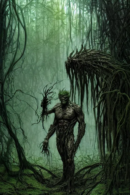 Prompt: realistic photo of the swamp thing, through the creepy forest, on the way lies a rotting corpse among the rocks. and he takes it in his hands. deep focus, intricate, elegant, highly detailed, digital painting, station art, concept art, matte, sharp focus, illustration, art by artgerm and greg rutkowski and alphonse mucha