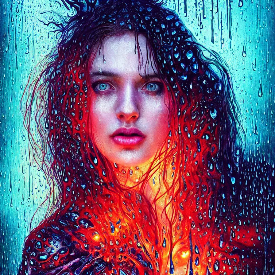 Image similar to bright asthetic portrait of LSD in rain with wet hair and face, liquid, fantasy, intricate, elegant, dramatic lighting, highly detailed, lifelike, photorealistic, digital painting, artstation, illustration, concept art, smooth, sharp focus, art by John Collier and Albert Aublet and Krenz Cushart and Artem Demura and Alphonse Mucha