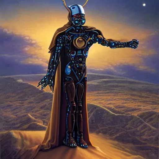 Image similar to the edge of the universe (on film), cybernetic cyborg warrior wearing a cloak , by Vladimir Kush and Donato Giancola