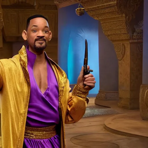 Image similar to will smith as the genie from alladin with a pistol, photo realistic, 8 k, detailed, will smith, alladin