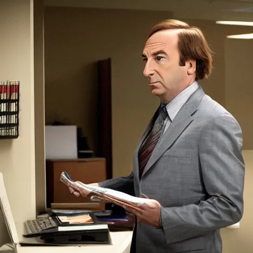 Prompt: saul goodman being stalked in his office by scary cryptid creature