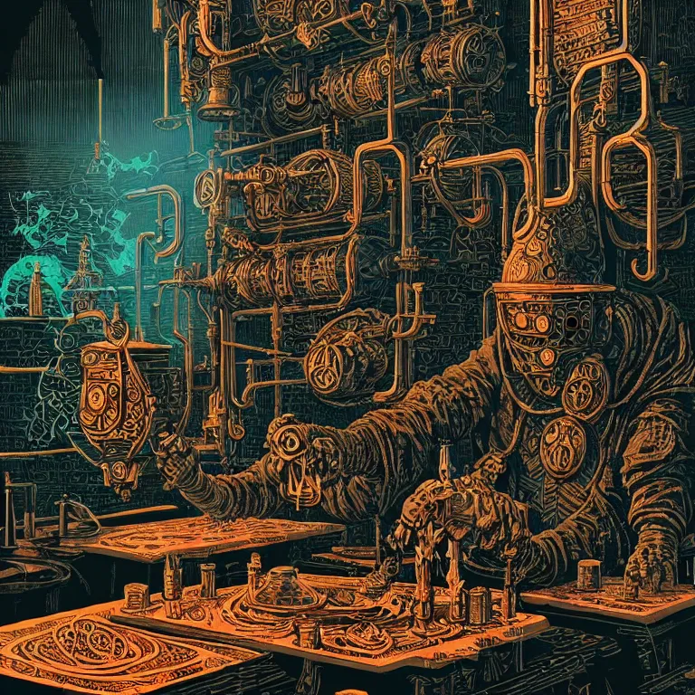 Image similar to ancient alchemist wizards laboratory, high details, intricately detailed, by vincent di fate, inking, 3 color screen print, masterpiece, trending on artstation, etching, sharp, details, hyper - detailed, hd, 4 k, 8 k
