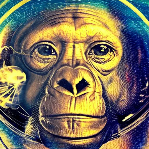 Image similar to double exposure portrait of astronaut and a chimpanzee astronaut with space and time in the the background by davinci, circles, psychedelic, pencil art, high definition, dynamic lighting stars, sharpness, golden ratio