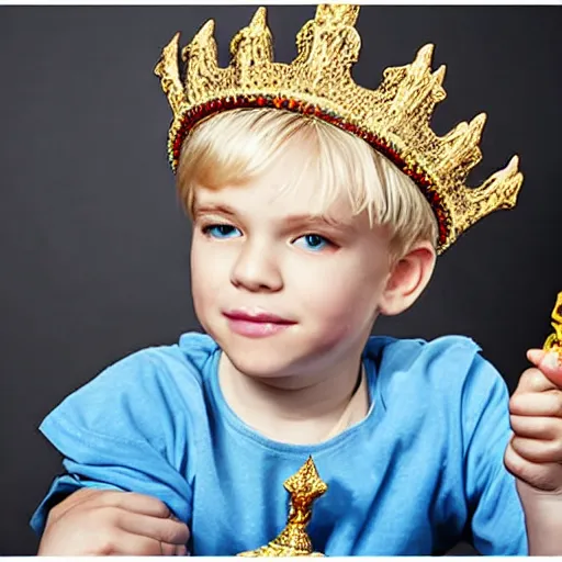 Image similar to cute blond boy wearing a crown and sitting on an ornate throne holding a jeweled scepter.