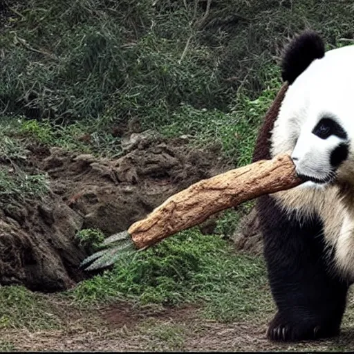 Prompt: A dinosaur eating a panda