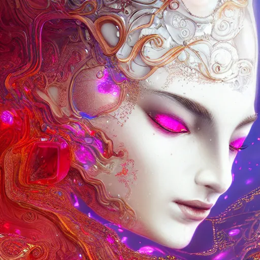 Image similar to abstract highly detailed female drawing made of white marble and red crystals quartz and minerals, ethereal lights, fine details, artstation, digital paint, fantasy, art noveau design, illustration, 8 k, intricate golden filigree, octane render, hypperrealistic painting, abstract liquid, concept art, painting by james gilleard and minna sundberg