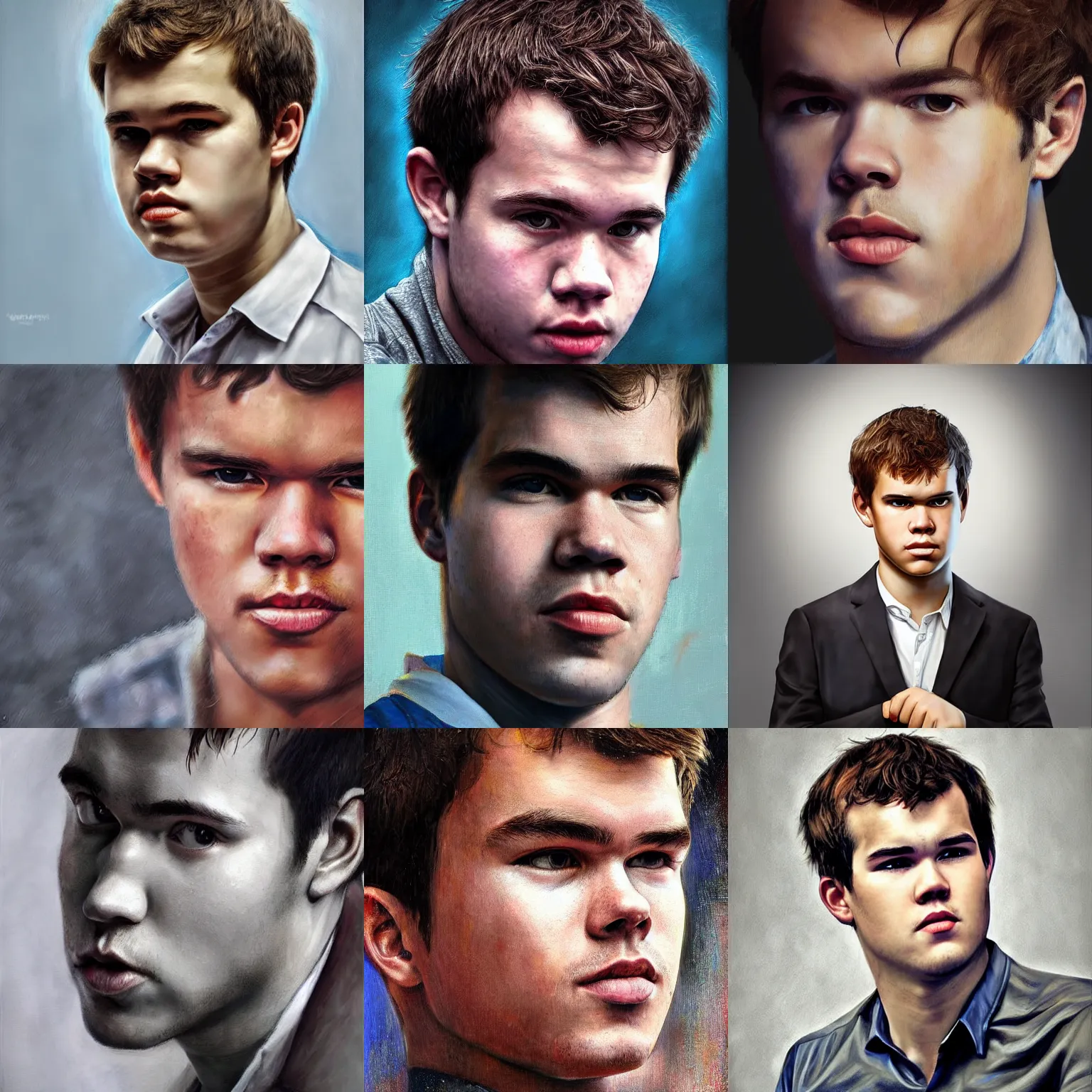 Prompt: portrait of Magnus Carlsen, realistic painting, classical painting, high definition, digital art, matte painting, very detailed, realistic
