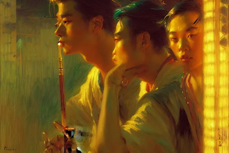 Prompt: wuxia, summer, attractive male, neon light, painting by gaston bussiere, craig mullins, j. c. leyendecker