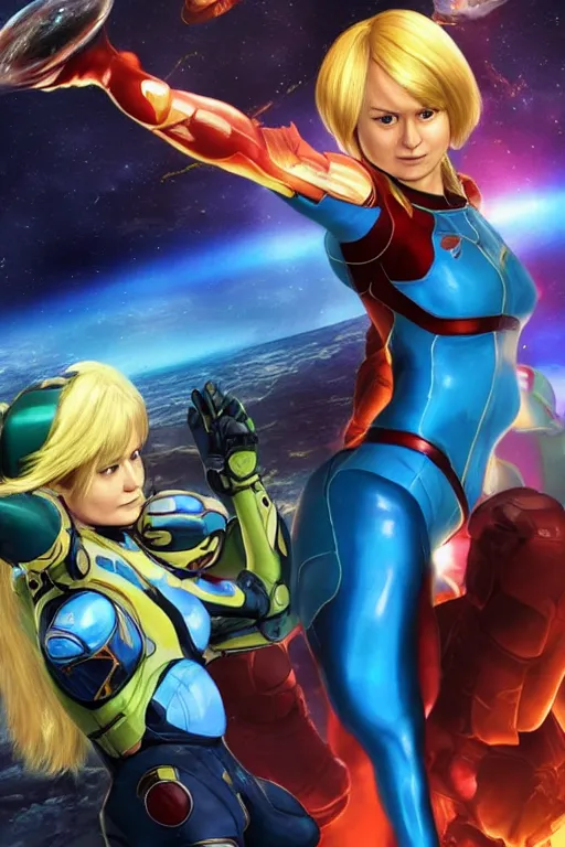 Prompt: Brie Larson as Samus Aran in her zero suit, baby Metroid nearby