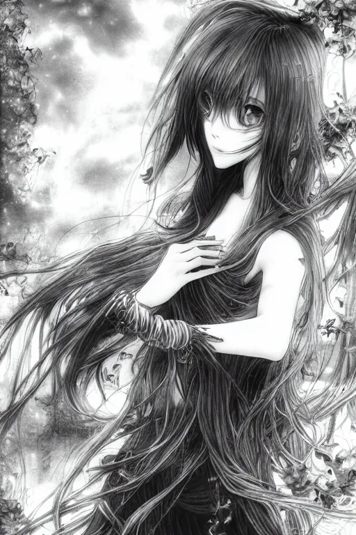 Image similar to a vertical portrait of a character in a scenic environment by Yoshitaka Amano, black and white, dreamy, dark eyes, wavy long black hair, highly detailed