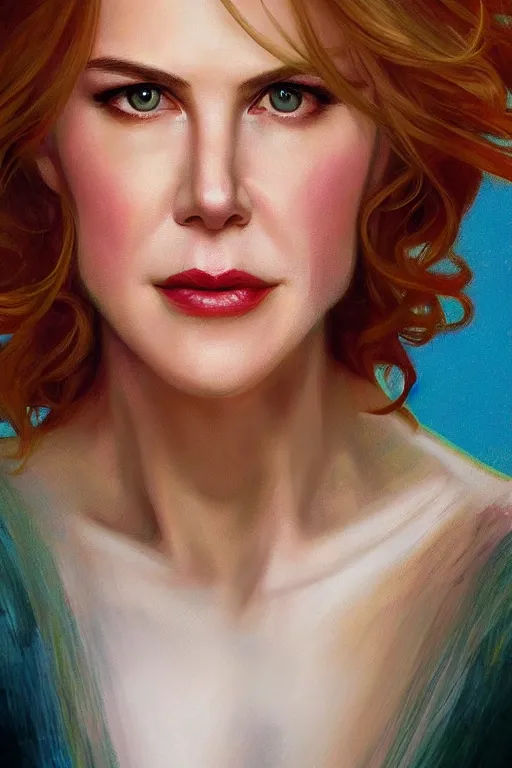 Prompt: portrait of nicole kidman, 8k, rich vivid colors, cinematic lighting, digital art, illustration, french noveau, alphonse mucha, artstation