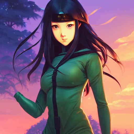 Image similar to a beautiful girl with long dark hair, wearing a ninja uniform, forest background, intricate, highly detailed, digital painting, artstation, official media, anime key visual, concept art, rich vivid colors, ambient lighting, sharp focus, illustration, art by Artgerm, Makoto Shinkai, Ilya Kuvshinov, Lois Van Baarle, and Rossdraws