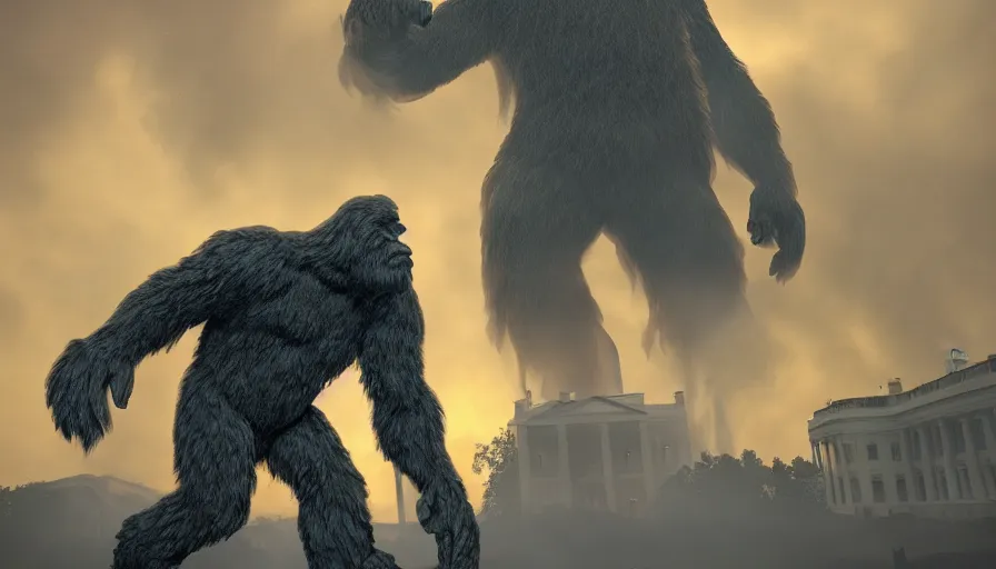 Image similar to giant bigfoot destroying washington dc, debris and fire, collapses building, burning white house, ashes, smoke columns, apocalypse, hyperdetailed, artstation, cgsociety, 8 k