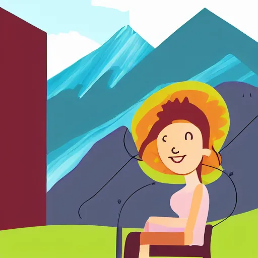 Prompt: illustration of a female software developer sitting outside in front of a modern campus building with beautiful mountains in the background, digital art, summer, alps, 4k, cartoon