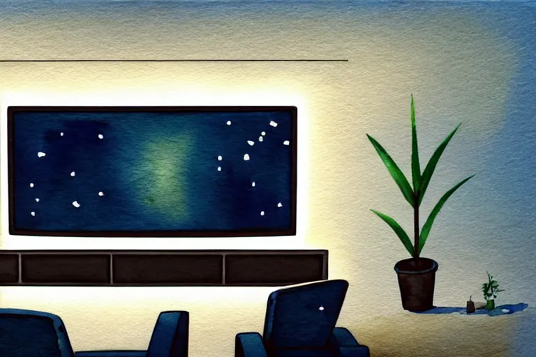 Image similar to very wide angle view, a modern home movie theater with big screen!!, stylish wall sconces lights, art deco style!!, plants, popcorn machine, rough watercolor painting, trending on artstation