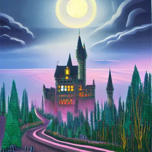 Image similar to detailed dystopic oil painting illustration of steep long zig - zag path to an evil sharp fantasy cinderella castle over a high dark blue hill, orange to pink gradient sky and thunderstorm background. forest underneath. full moon