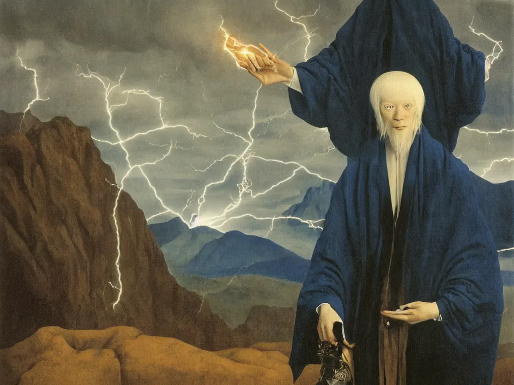 Image similar to Portrait of albino mystic with blue eyes, with lightning in his hand. Storm in the distance over the surreal mountains. Painting by Jan van Eyck, Audubon, Rene Magritte, Agnes Pelton, Max Ernst, Walton Ford