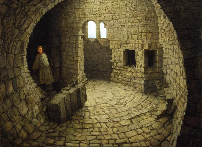 Image similar to jim henson's labyrinth. stone walls. you find a hole in the wall, like someone took a sledge hammer and just kept smashing as they walked forward. by edgar maxence and caravaggio and michael whelan and delacroix style, artistic, intricate painting, cinematic lighting, hyper realistic, extremely detailed, vivid colors, establishing shot, dramatic lighting