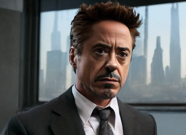 Prompt: film still of Robert Downey Jr as Cobb with the city crumbling in the background in Inception, 4k