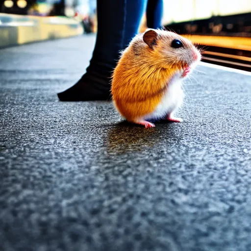 Image similar to detailed photo of a hamster waiting for the train, various poses, full body, unedited, daylight, dof 8 k