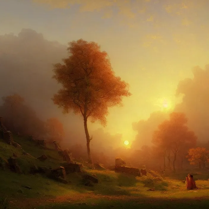 Prompt: a beautiful painting of ruins on the meadow, in autumn, sunset by ivan aivazovsky and greg rutkowski and rhads, in style of digital art. hyper detailed, sharp focus, soft light. octane render. ray tracing. trending on artstation