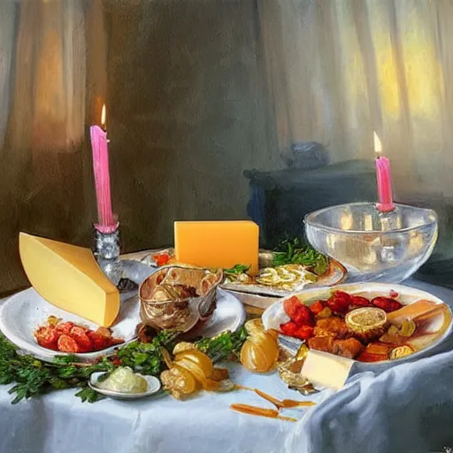 Prompt: a table full of traditional Swedish food, candles, cheese, schnapps, painting by Vladimir Volegov