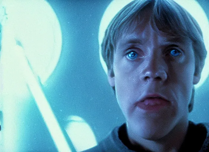 Image similar to screenshot from the lost star wars film, blue transparent hologram of Luke Skywalker, iconic scene from Star Wars, directed by Stanely Kubrick, moody cinematography, with anamorphic lenses, crisp, detailed, 4k