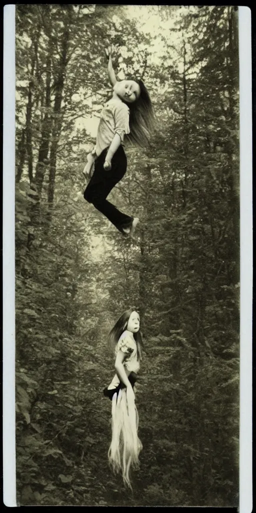 Image similar to old polaroid photo of a young witch girl floating in the air with her arms outstretched in a forest, long hair hanging down. dark and spooky, muted colours, flash photography, young face