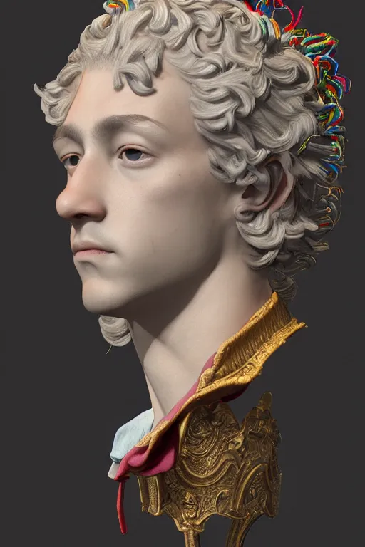 Image similar to a realistic porcelain full-head rococo style bust of handsome young Spanish prince a faded style haircut and a crown made of colored pipecleaners, suspended in outer space, photorealism, octane render, depth of field, 8k, 35mm, artgem, Trending on artstation