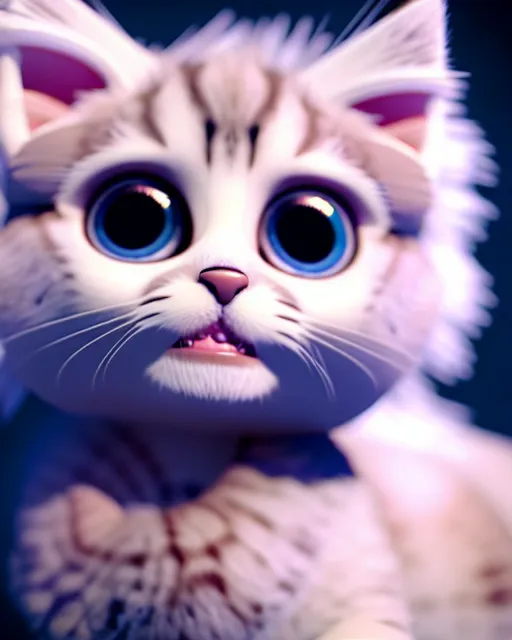 Prompt: cute fluffy kitten with big eyes, portrait, pixar character, octane render, very detailed