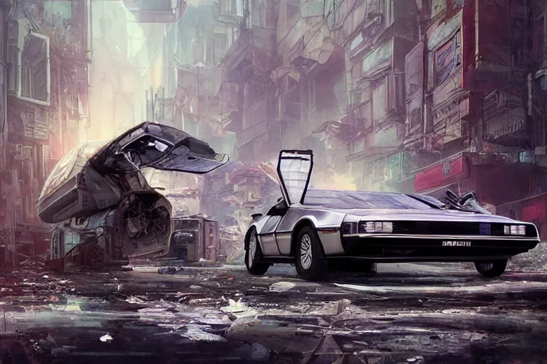 Image similar to photograph of the delorean driving down the streets of a cyberpunk abandoned city, by greg rutkowski, by stanley artgerm, by alphonse mucha