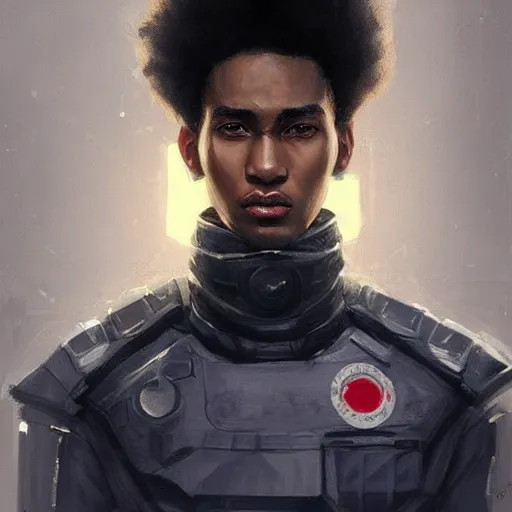 Prompt: portrait of a man by greg rutkowski, he is about 2 0 years old, mixture between afroamerican and japanese, afro hair, young, very tall and slender, he is wearing a futuristic police gear, highly detailed portrait, digital painting, artstation, concept art, smooth, sharp foccus ilustration, artstation hq