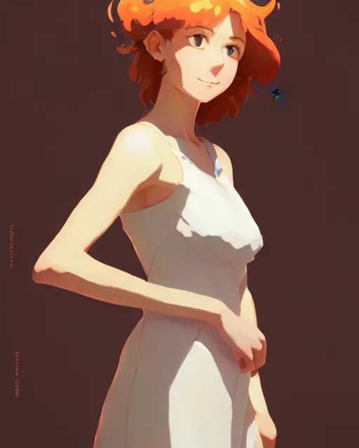 Image similar to young southern woman, ginger hair, simple cream dress, detailed perfect face, exquisite details, fire magic, mid view, design on a white background, by studio muti, greg rutkowski makoto shinkai takashi takeuchi studio ghibli