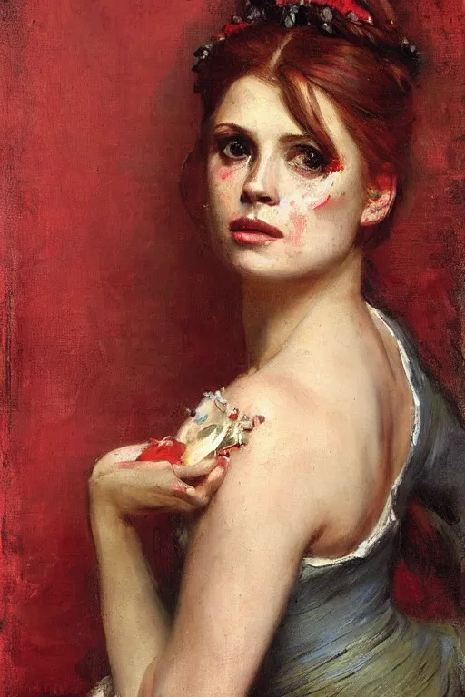 Image similar to Solomon Joseph Solomon and Richard Schmid and Jeremy Lipking victorian genre painting full length portrait painting of a young beautiful woman traditional german french Brigitte Bardot barmaid in fantasy costume, red background