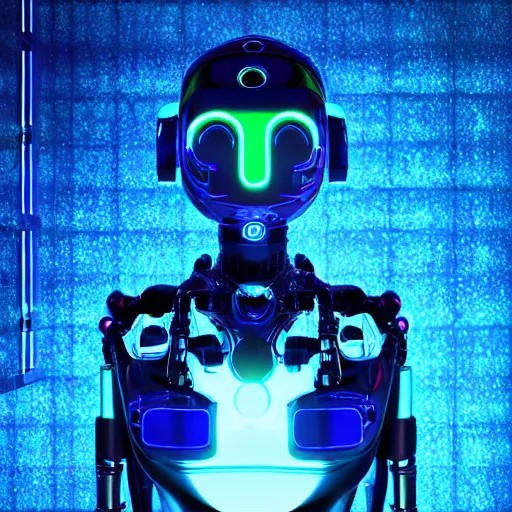 Prompt: portrait of a faceless robot,, neon highlights, dark, blue glowing background lighting, hyper detailed, science fiction, 4 k octane render