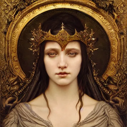 Image similar to detailed realistic beautiful young medieval queen face portrait by jean delville, tom bagshaw, brooke shaden, gustave dore and marco mazzoni, art nouveau, symbolist, visionary, gothic, pre - raphaelite, ornate gilded medieval icon, surreality